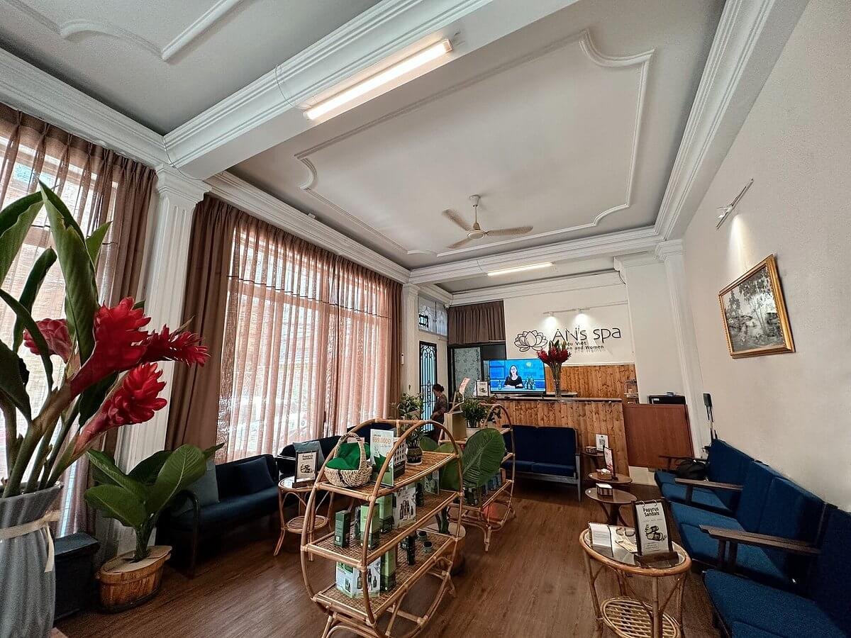 Không gian spa nội thất với ghế sofa xanh, kệ sản phẩm, và cây xanh trang trí, tạo cảm giác thư giãn.