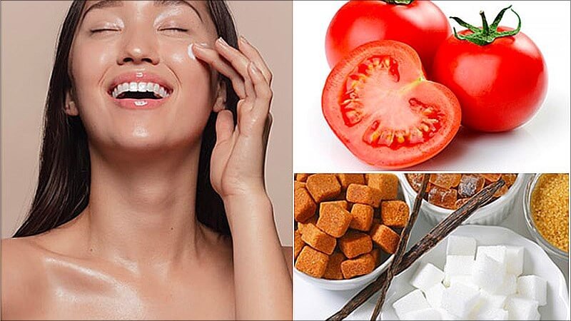 Người đang thoa kem dưỡng da; bên cạnh là hình ảnh cà chua và các loại đường khác nhau.