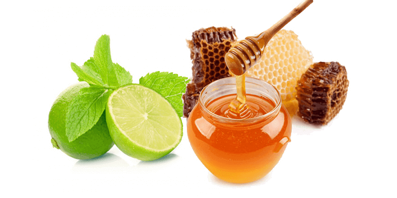 Làm Lông Nách Tự Rụng Có Được Không? Top 8 Cách Thực Hiện Đơn Giản 3 Chanh, lá bạc hà, mật ong trong lọ và sáp ong, được sắp xếp trên nền trắng.