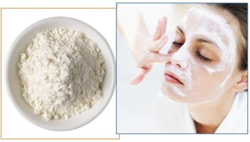 Bột trong bát và người đang đắp mặt nạ bột trắng trên mặt, nhắm mắt thư giãn.