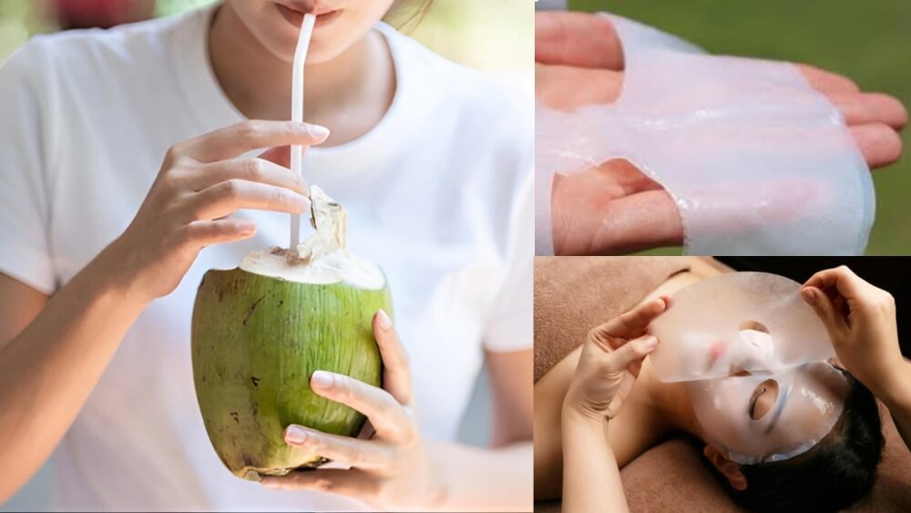 Người uống nước dừa, tay cầm mặt nạ giấy, và người khác đắp mặt nạ thư giãn trên giường.