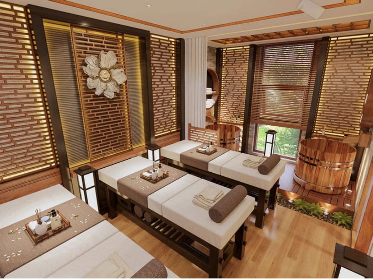 Mẫu decor Spa gội đầu dưỡng sinh phong cách Đông Dương