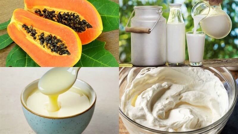 Đu đủ chín bổ đôi, sữa tươi trong chai và ly, sữa đặc trong bát và kem tươi trong bát thủy tinh.