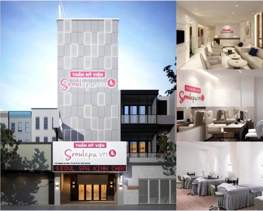 Tòa nhà thẩm mỹ viện với nội thất hiện đại, bao gồm sảnh đợi, phòng chăm sóc và phòng trị liệu.