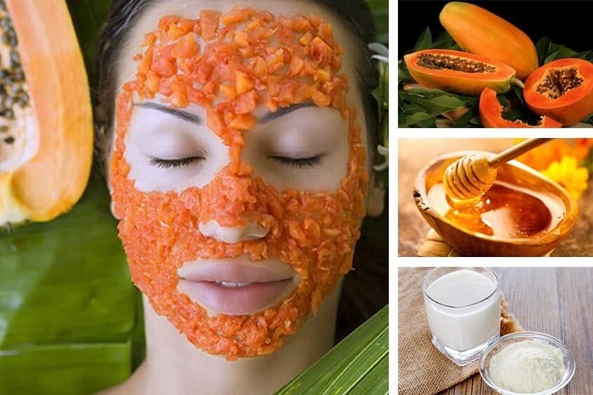 Người đắp mặt nạ từ đu đủ, bên cạnh là hình ảnh đu đủ, mật ong và sữa.