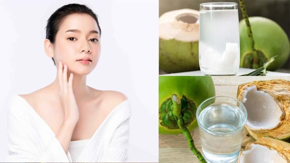 Người phụ nữ chạm mặt cạnh ảnh nước dừa tươi và trái dừa, thể hiện sự tươi mát và chăm sóc da.